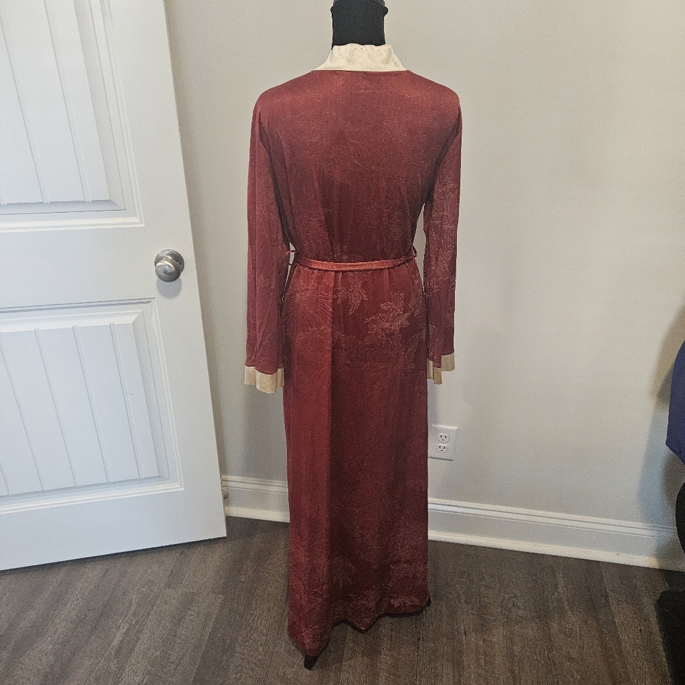 Tom Bezduda 1970s BARAD & CO Vintage Robe Burgandy Floral Ivory Border USA Made - Picture 2 of 10
